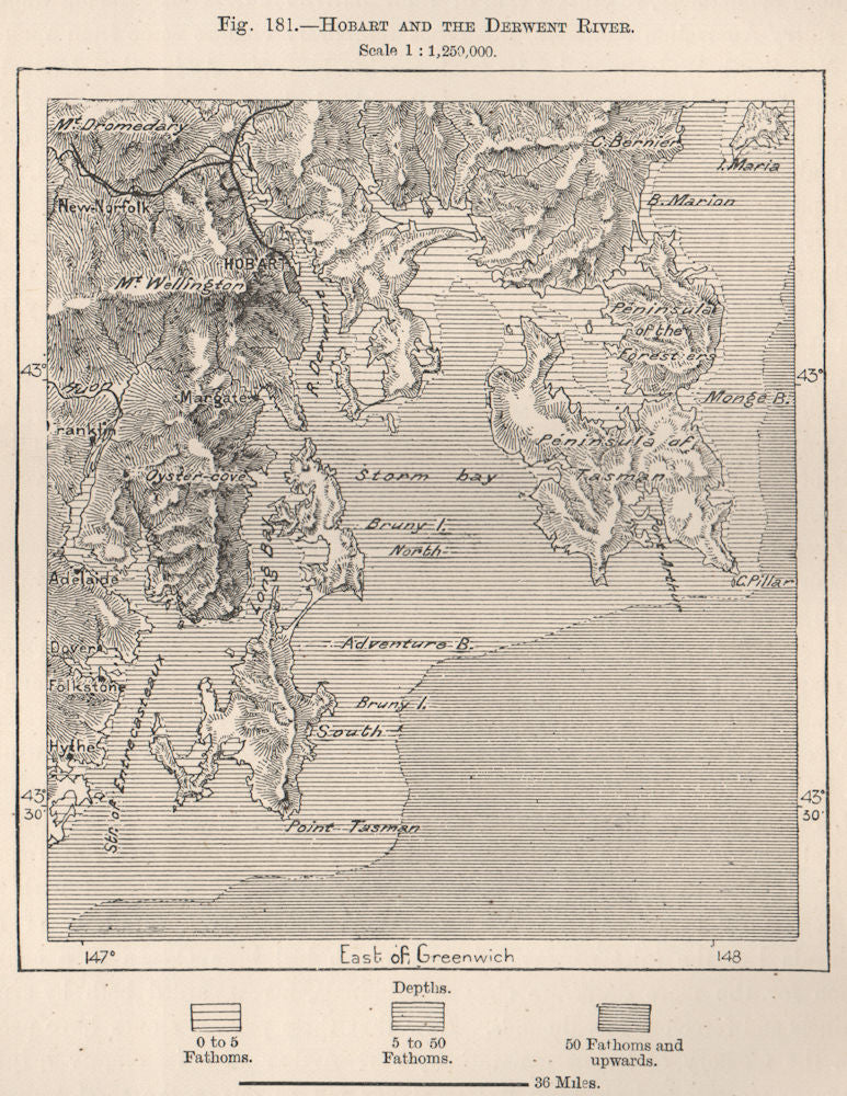 Hobart and the Derwent river. Australia 1885 old antique map plan chart